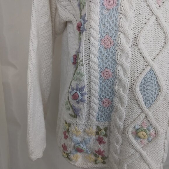 Erika | Vintage Hand Knit Cotton Floral Embroidered Crochet Sweater | Size L - Picture 5 of 10